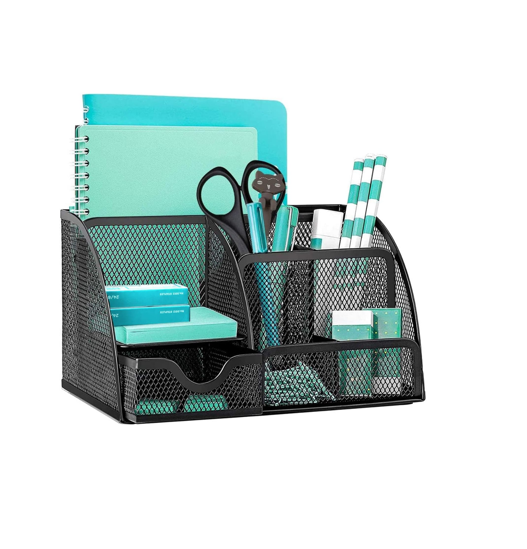 Mesh Desk Organiser, Multi-Use Desk Tidy & Pen Holder with 6 storage and 1 Slide Drawer, Stationary Organiser for Office desktop supplies