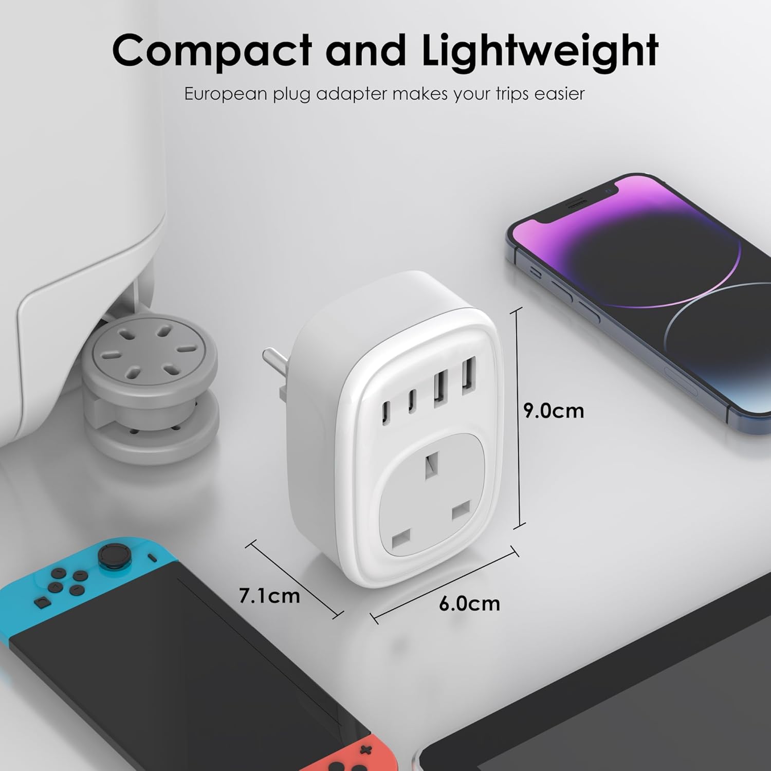 UK to EU Plug Adapter – 40W USB-C Fast Travel Charger, Type E/F, Europe Compatible