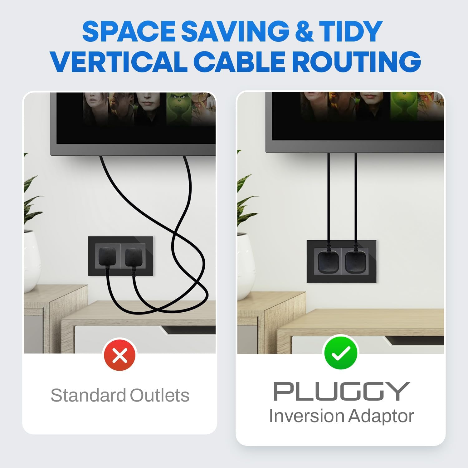Upside Down Plug Adapter 2-Pack – Patent-Pending Compact Single-Socket Inverted Adapter for Hard-to-Reach Outlets & Wall Devices