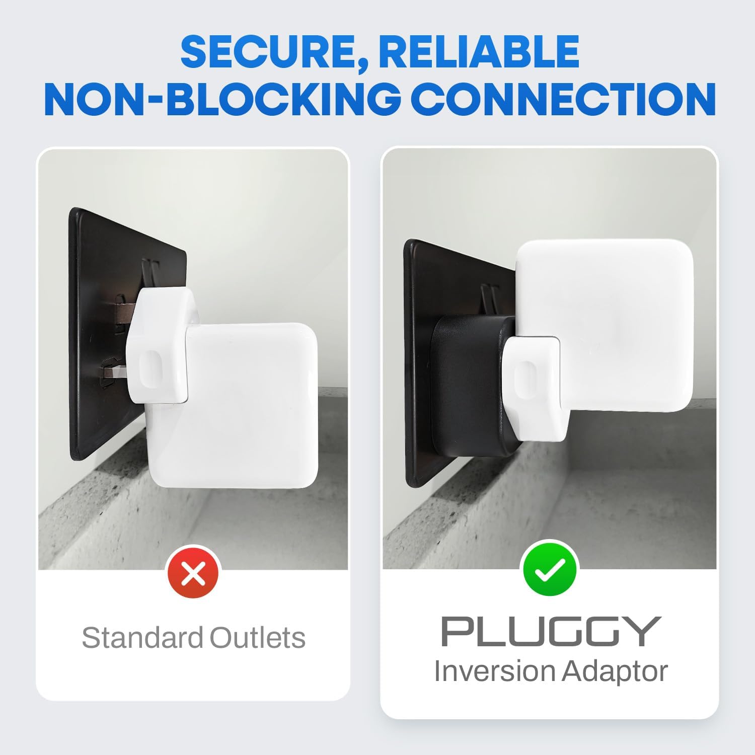 Upside Down Plug Adapter 2-Pack – Patent-Pending Compact Single-Socket Inverted Adapter for Hard-to-Reach Outlets & Wall Devices