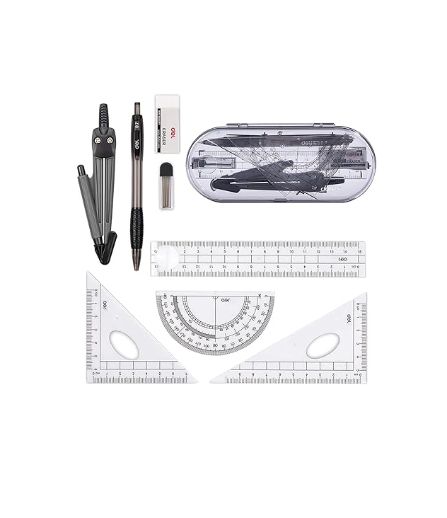 8-Piece Geometry Compass & Ruler Set , School Math Kit with Protractor, Pencil & More (Black)