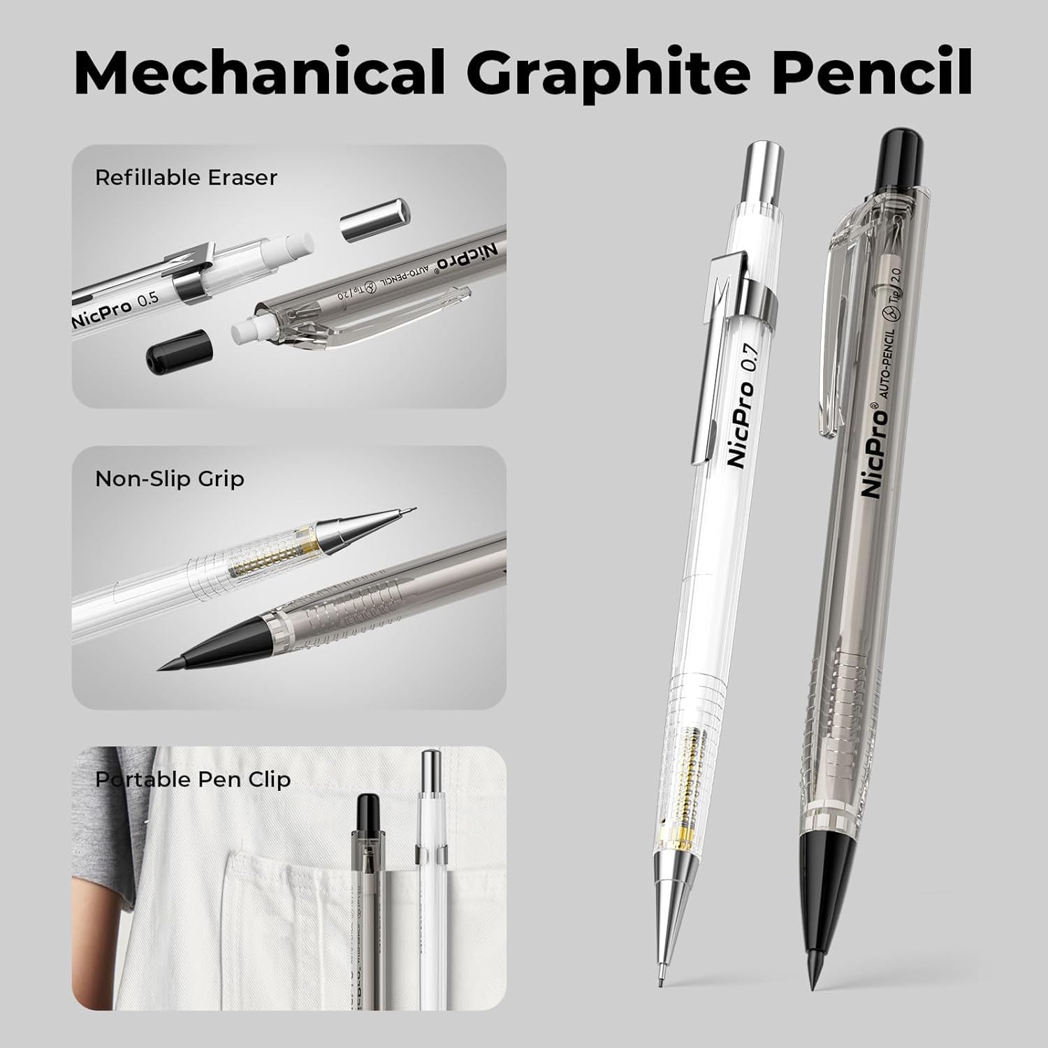 Nicpro 6pc Mechanical Pencil Set 0.5/0.7/0.9mm + 2mm Lead Holders with Case & Refills