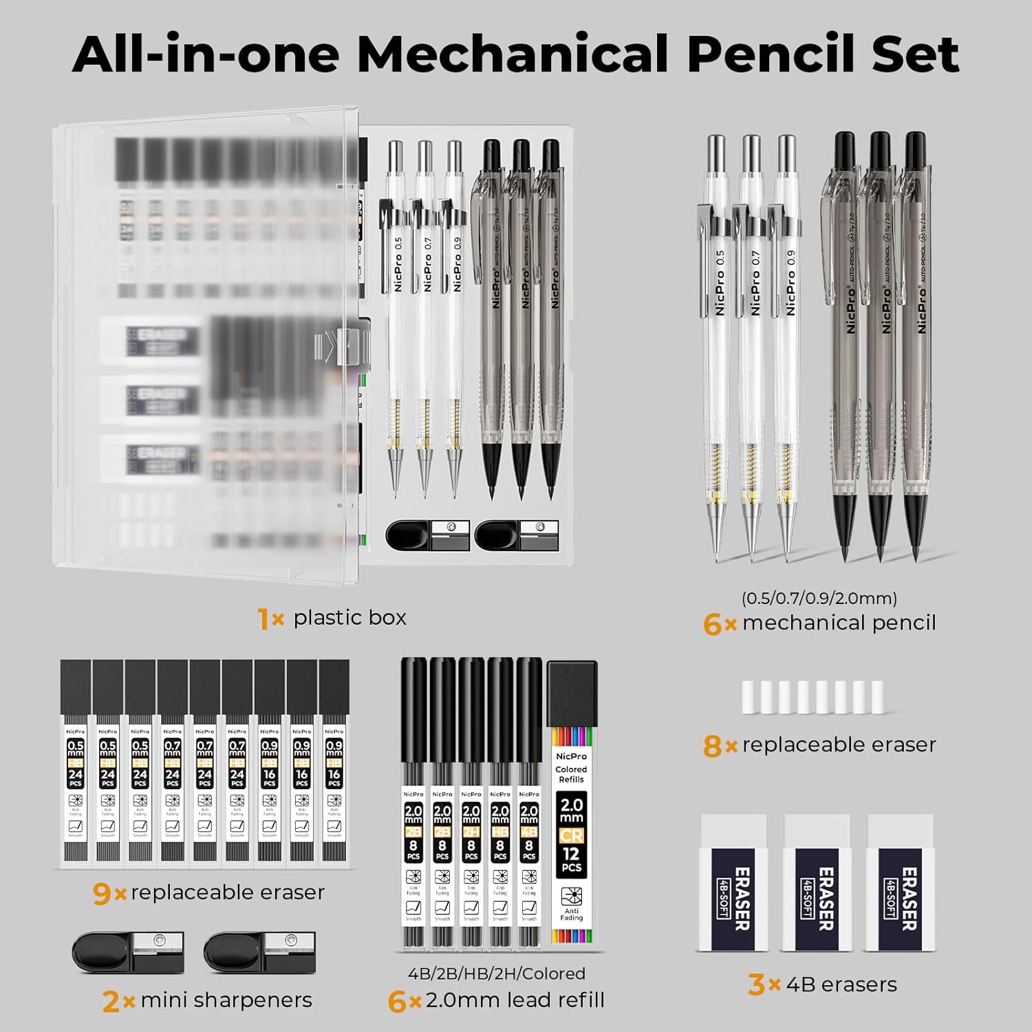 Nicpro 6pc Mechanical Pencil Set 0.5/0.7/0.9mm + 2mm Lead Holders with Case & Refills