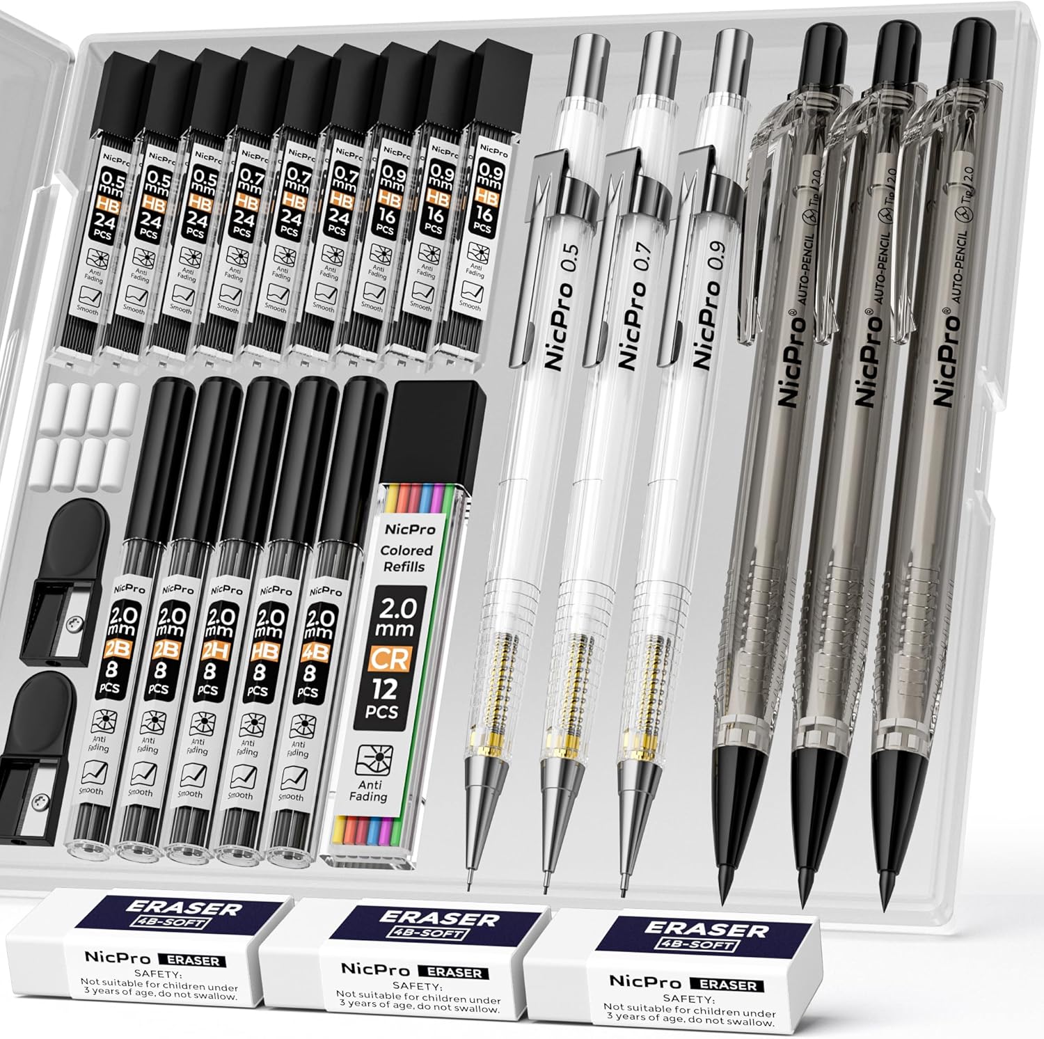 Nicpro 6pc Mechanical Pencil Set 0.5/0.7/0.9mm + 2mm Lead Holders with Case & Refills