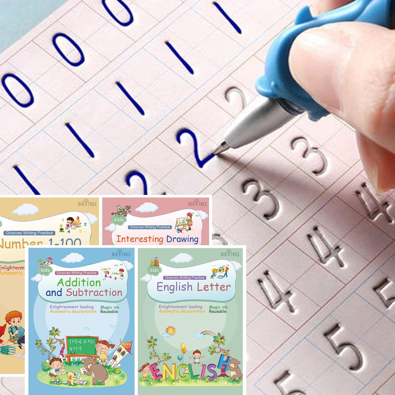 Magical Handwriting Workbooks Handwriting Practice Magic Copybook, Handwriting Aid Magic Pen Reusable Copybook Grooves Template Design for Children(4 Books, 10.2×7.2 in)