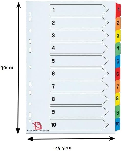 A4 1-10 Numbered Index Dividers, Multi-Colored Tabs, 5-Pack, Pre-Punched for Binders