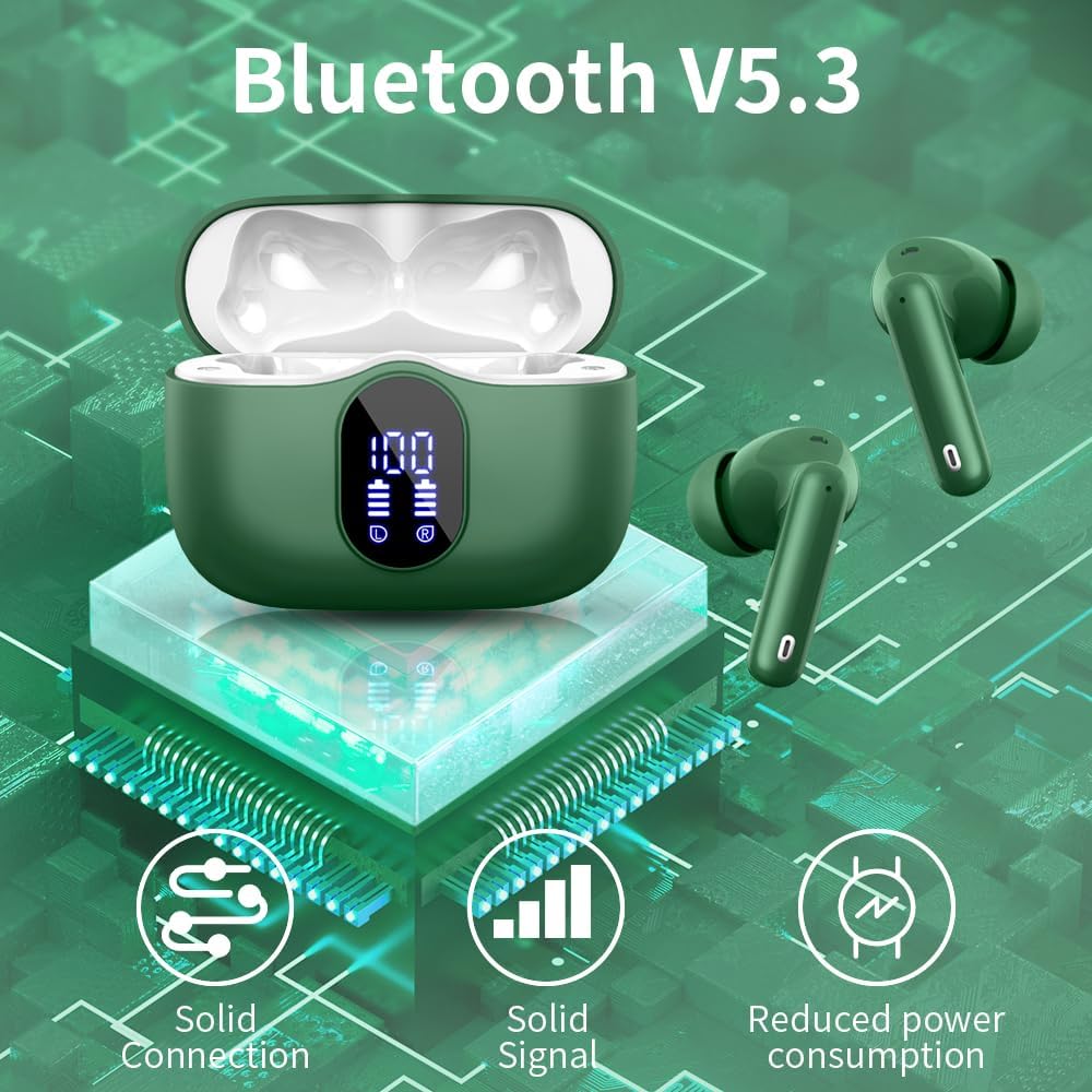 Wireless Bluetooth 5.3 Earbuds – HiFi Stereo Sound, 4 ENC Noise-Canceling Mics, 36H Playtime, LED Display, IPX7 Waterproof In-Ear Headphones, Green