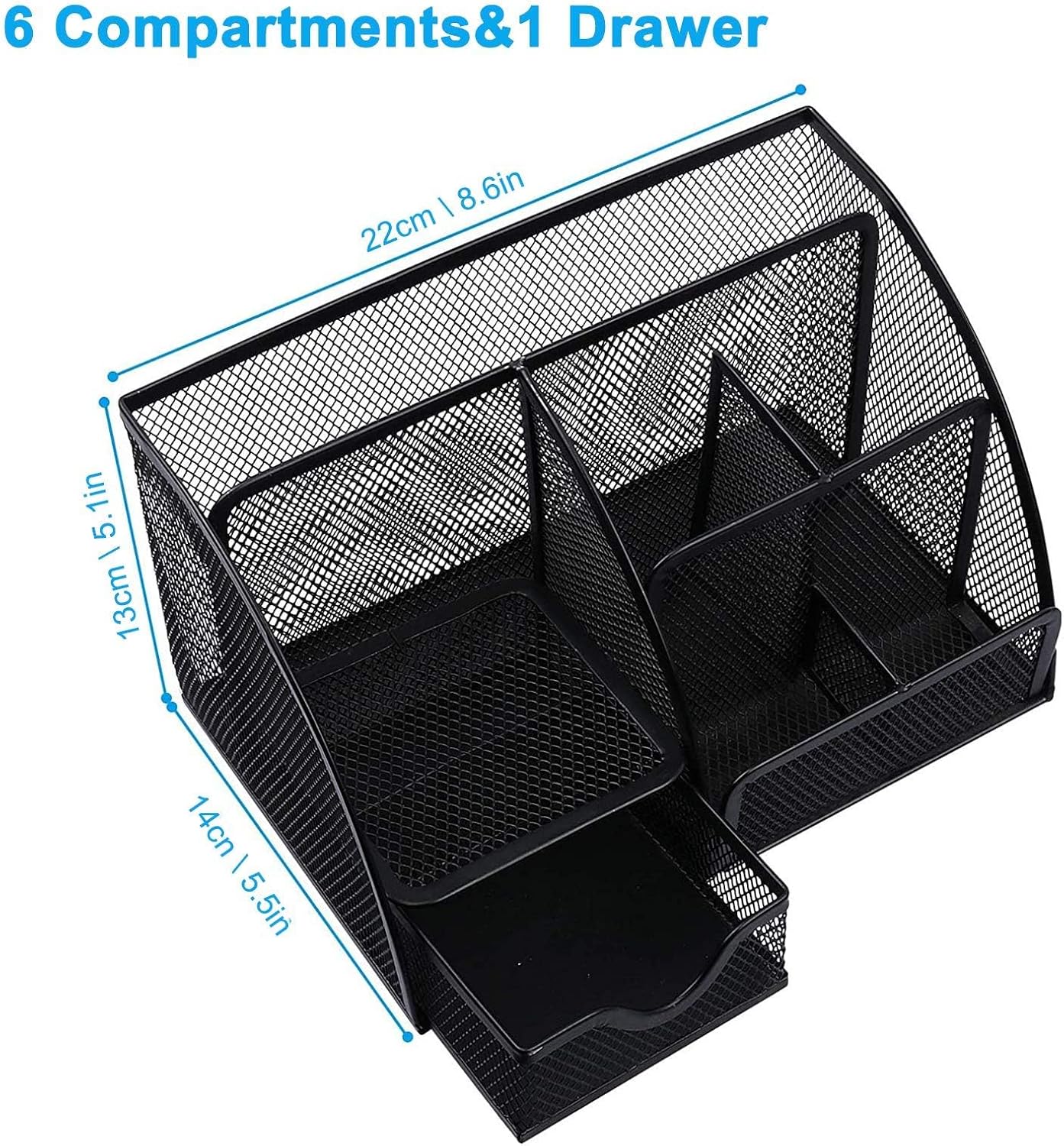 Mesh Desk Organiser, Multi-Use Desk Tidy & Pen Holder with 6 storage and 1 Slide Drawer, Stationary Organiser for Office desktop supplies