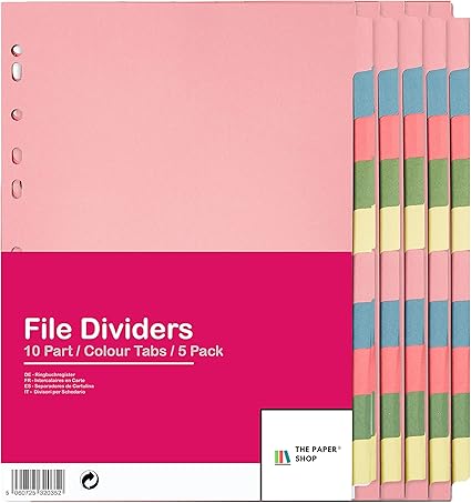 [5-Pack] A4 10-Part File Dividers,  Multi-Hole Punched, Assorted Colors, Fits All A4 Binders