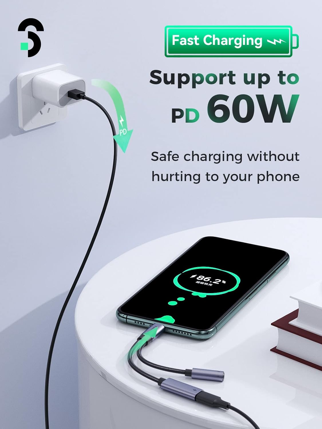 SOOMFON USB-C to 3.5mm Adapter with PD 60W Fast Charging Cable