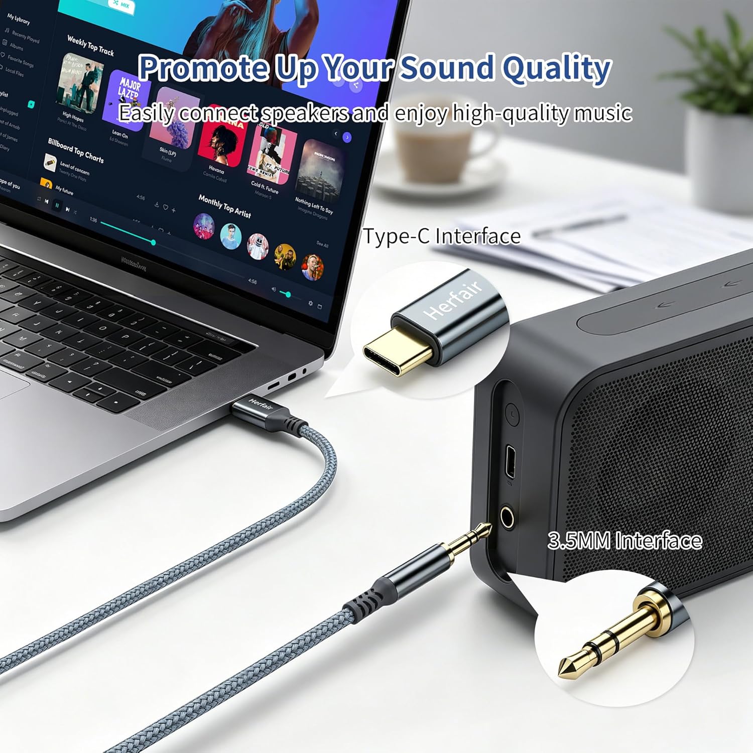 USB-C to 3.5mm AUX Audio Cable 1.2M for Car Stereo & Headphones