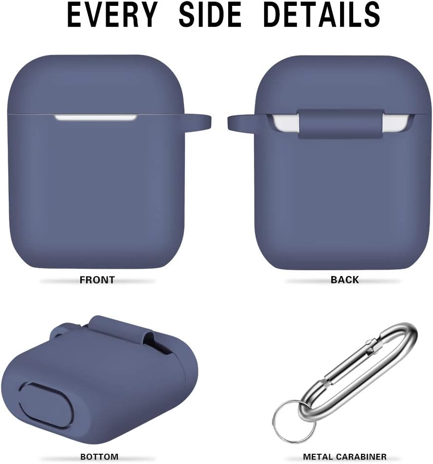 AirPods 1 & 2 Case, Silicone Shockproof Cover with Carabiner, Wireless Charging Compatible, Waterproof Protective Skin, Front LED Visible, Blue Gray