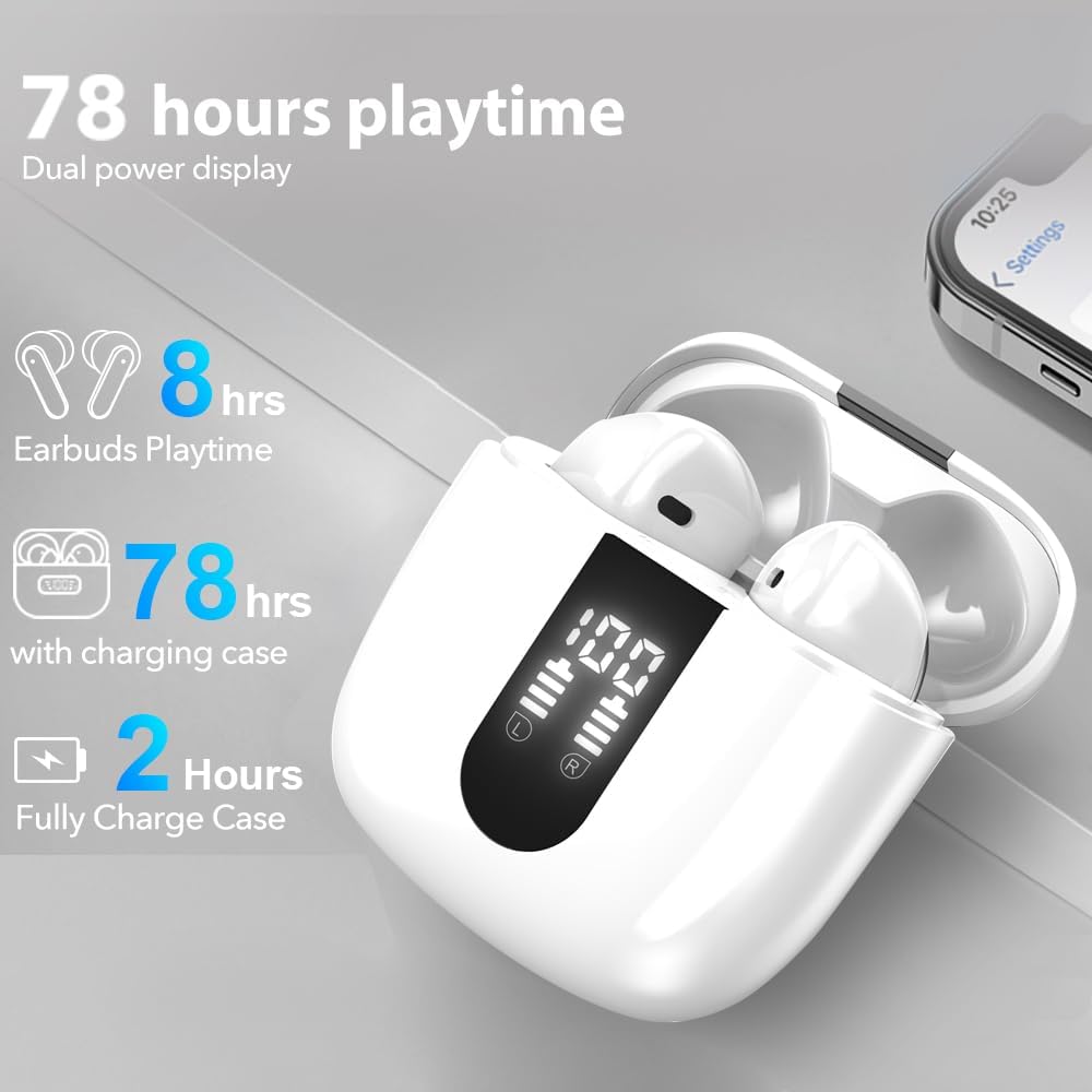Wireless Bluetooth Earbuds 60H Playtime Deep Bass, 6 Mic Noise Cancelling, IP5 Waterproof Sports Earphones (White)