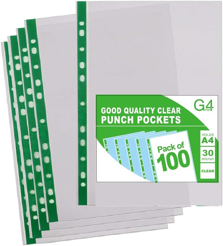 100 A4 Plastic Punched Punch Pockets 30 Micron, 10-15 Sheets, for Folders, Filing Sleeves Wallets