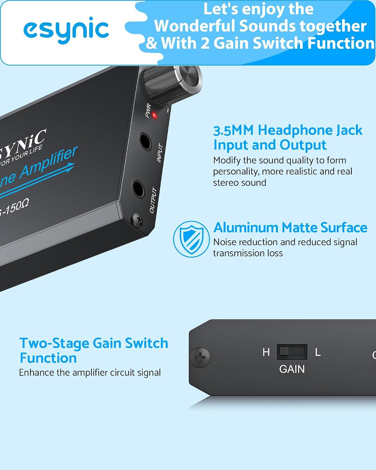 eSynic Portable Rechargeable HiFi Headphone Amplifier 3.5mm