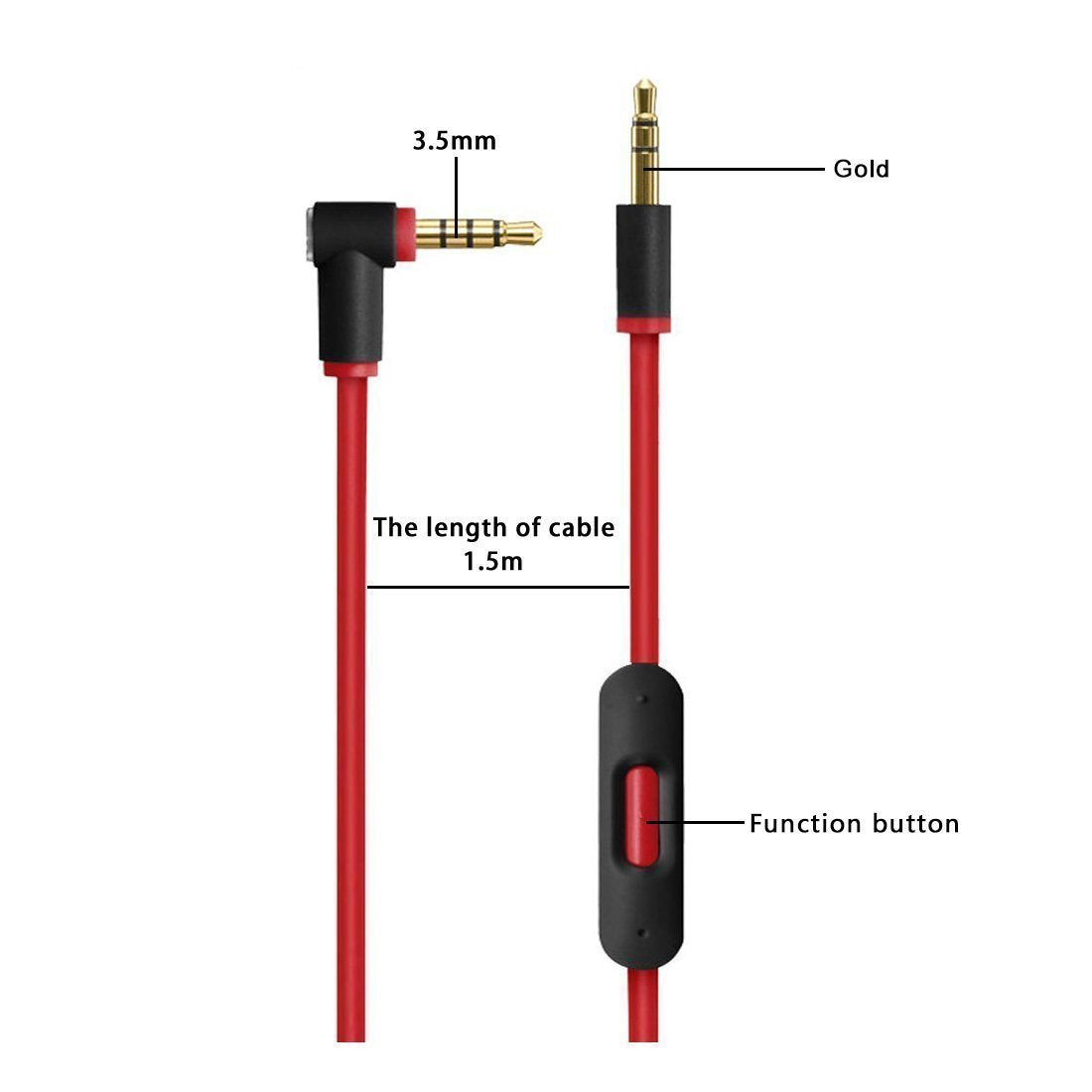 Replacement 3.5mm Cable with Mic for Beats Solo Studio Pro Red