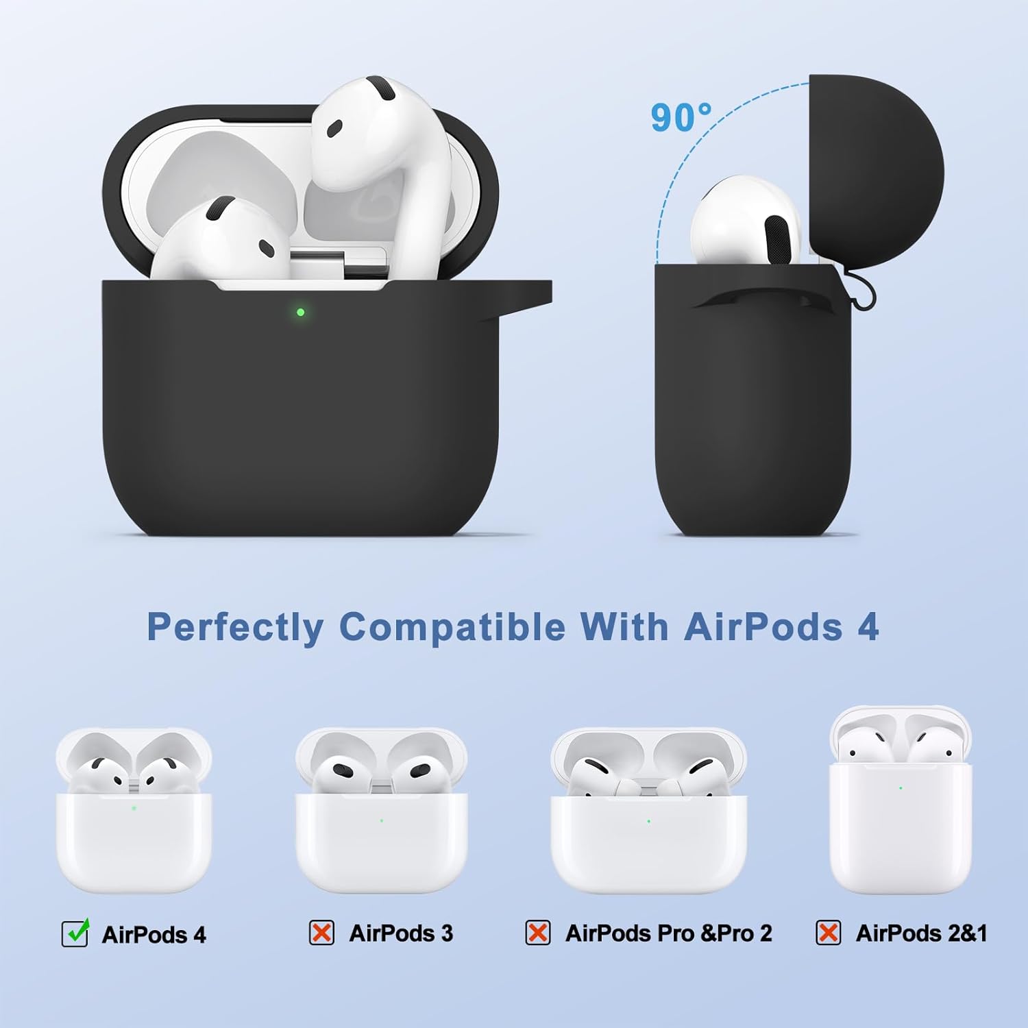 Silicone Case for AirPods 4 (2024) with Carabiner & Cleaner Pen Black