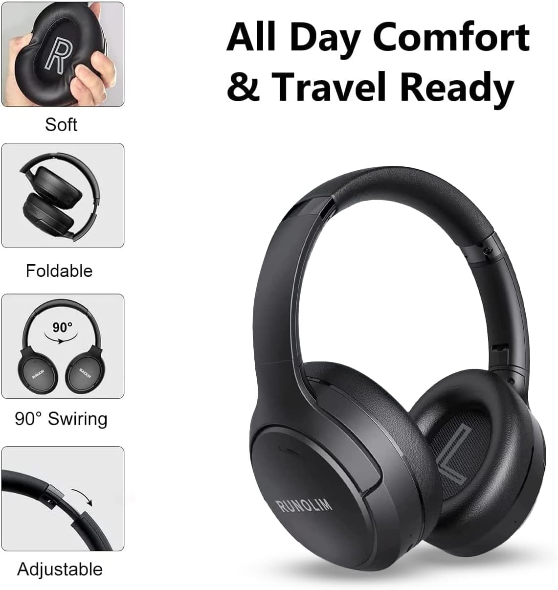 Hybrid ANC Wireless Headphones, 70H Playtime, Deep Bass, Foldable