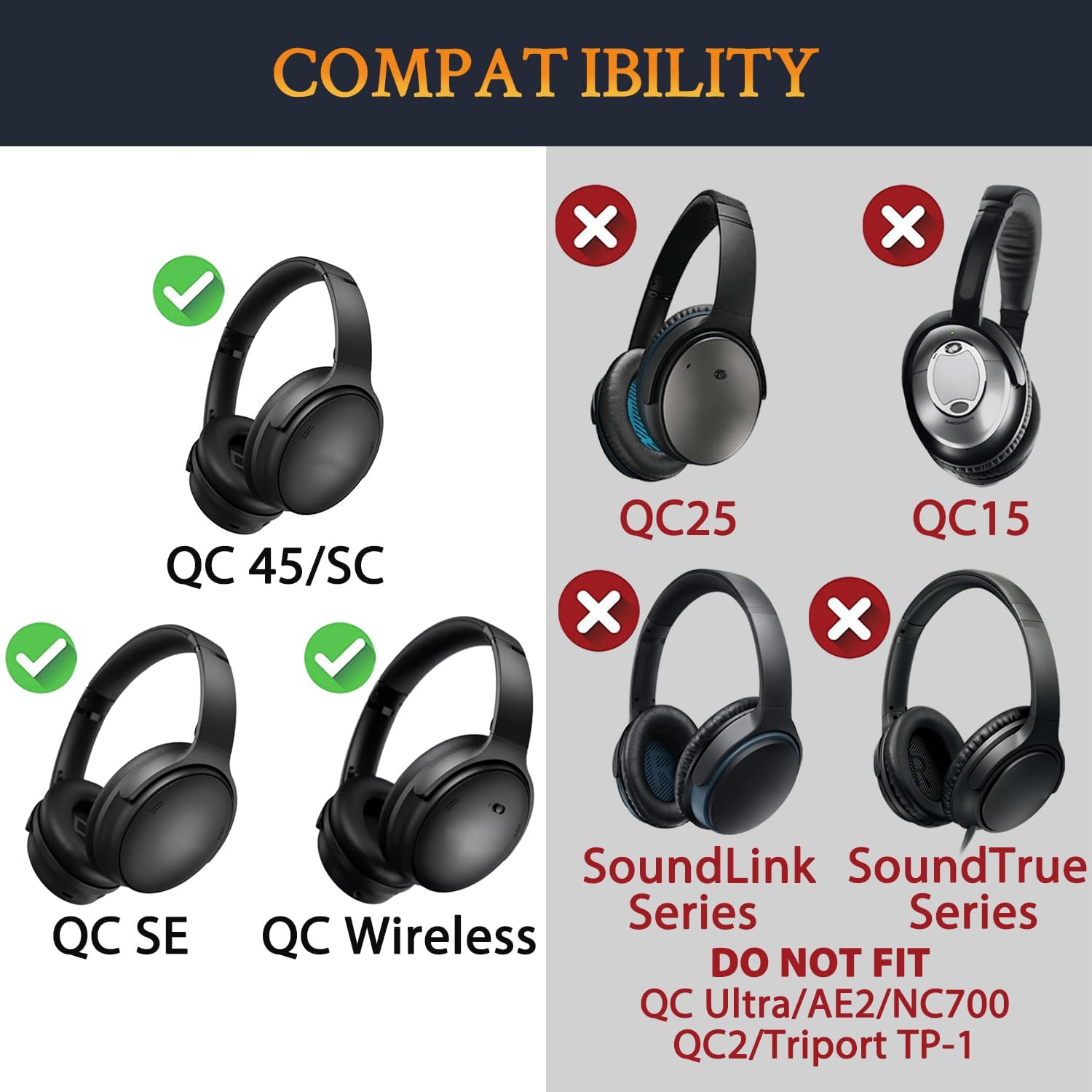 SOULWIT Earpads for Bose QC45/QC SE/QC Wireless Headphones Black