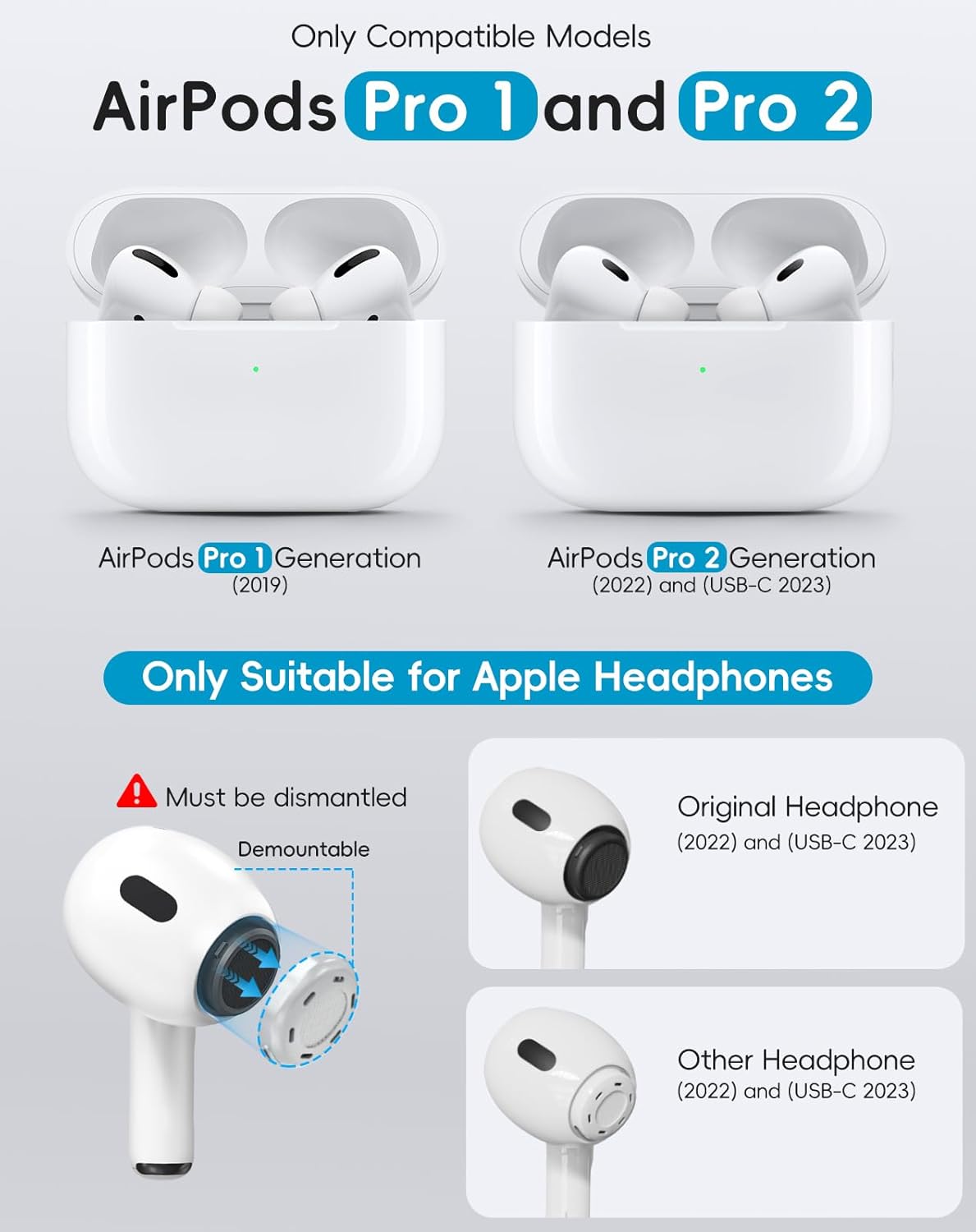Replacement Ear Tips for AirPods Pro 1/2, XS-S-M-L with Cleaning Kit Box