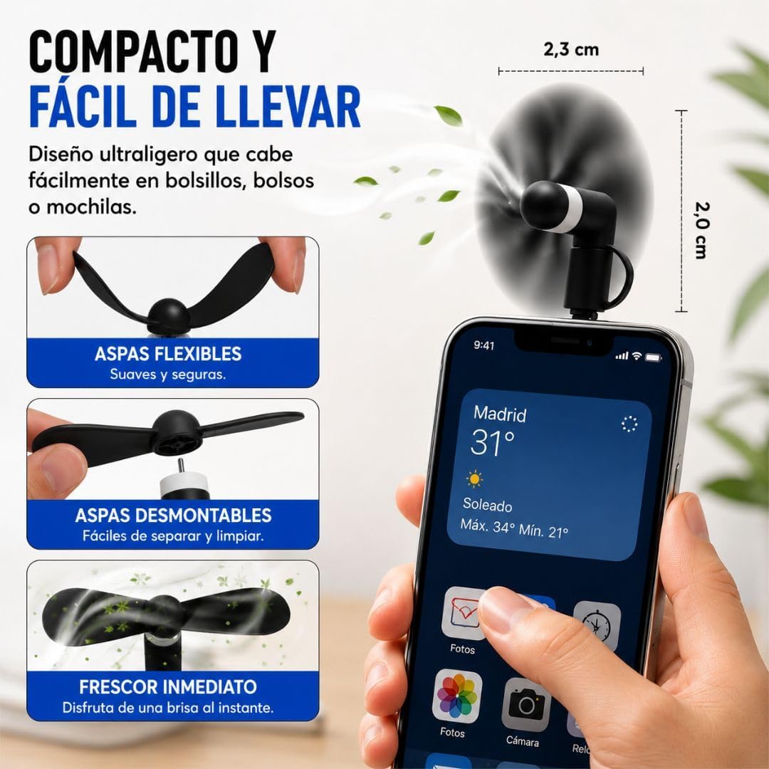 USB-C & Lightning Smartphone Cooling Fan, Pocket-Size, Ultra-Quiet