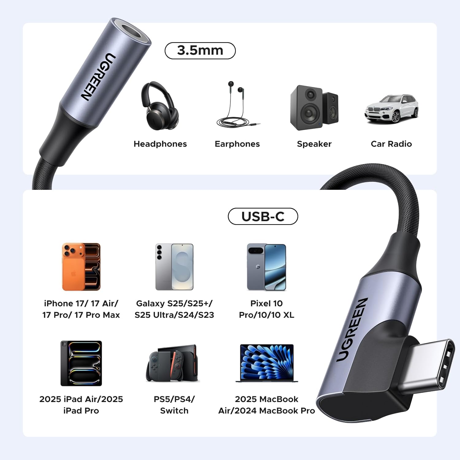 UGREEN USB-C to 3.5mm Adapter Angled DAC Hi-Fi Stereo Audio Cable