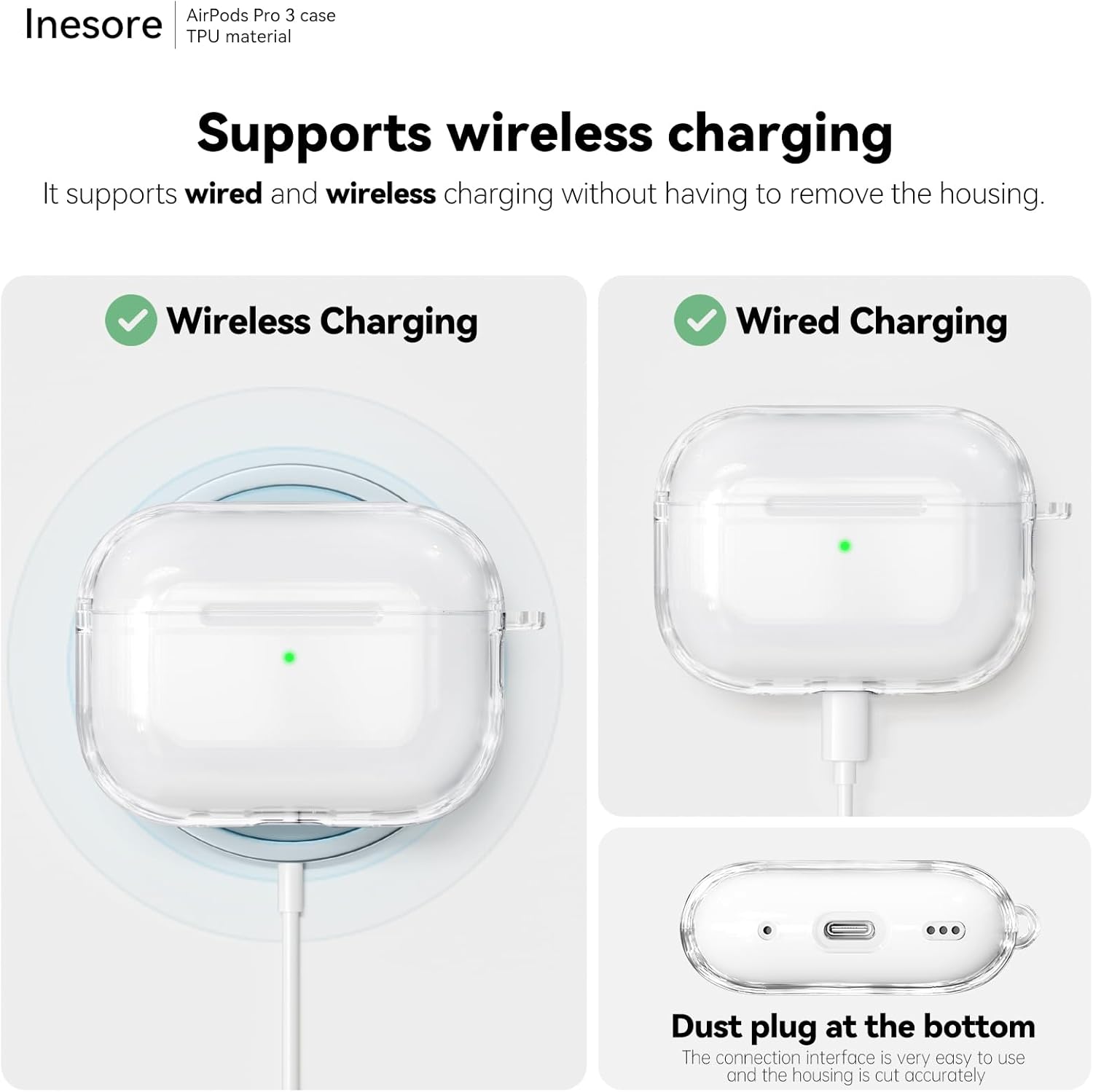 Clear TPU AirPods Pro 3 case with shockproof protection, cleaning kit
