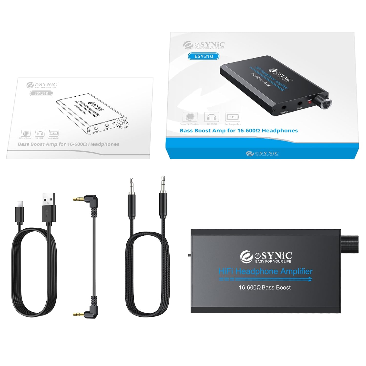 eSynic Rechargeable Headphone Amplifier 16–600Ω with Bass Gain