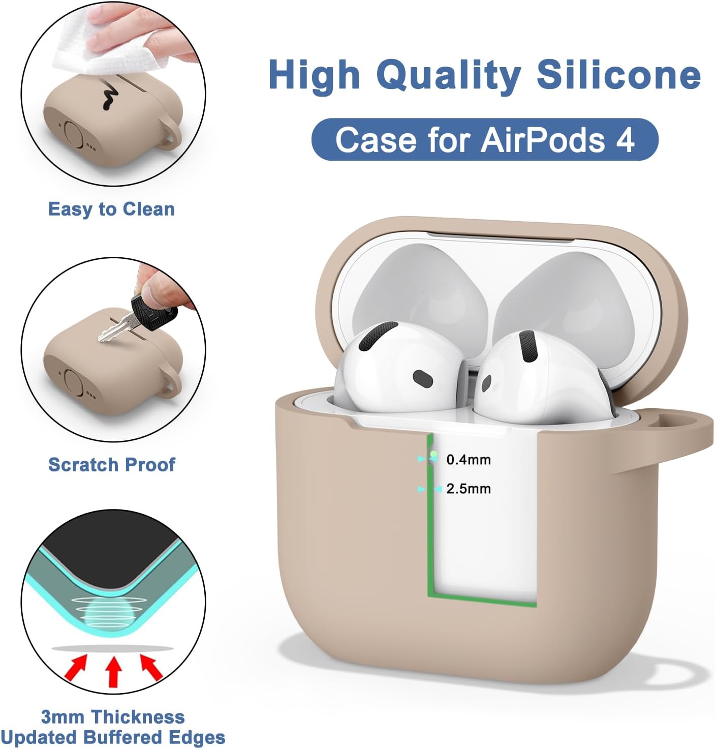 AirPods 4 Silicone Case 2024 with Carabiner Soft Protective Cover Milk Tea