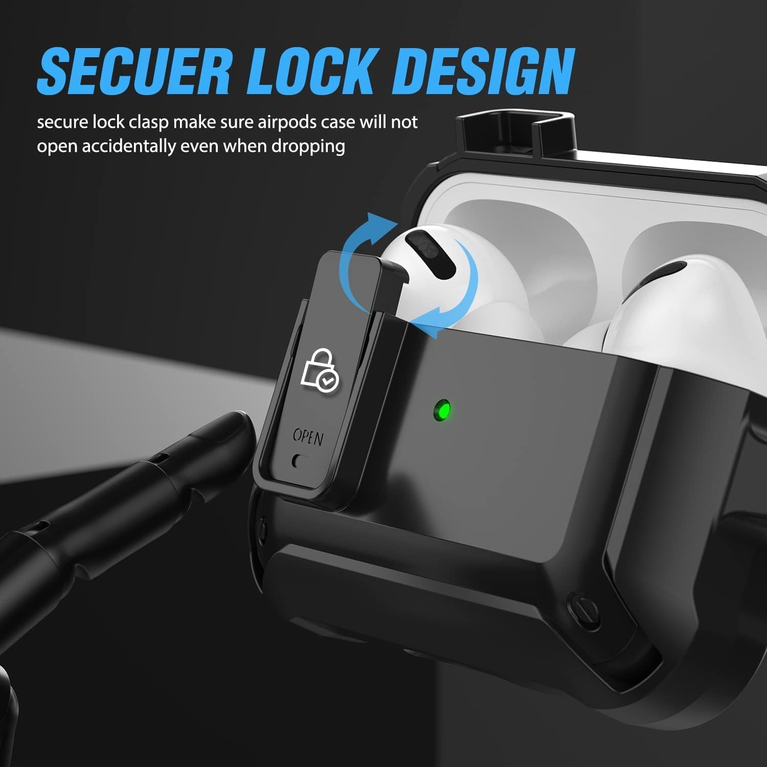 OTOPO AirPods Pro 2/1 Rugged Case Cover with Lock Clip, Shockproof Skin Black