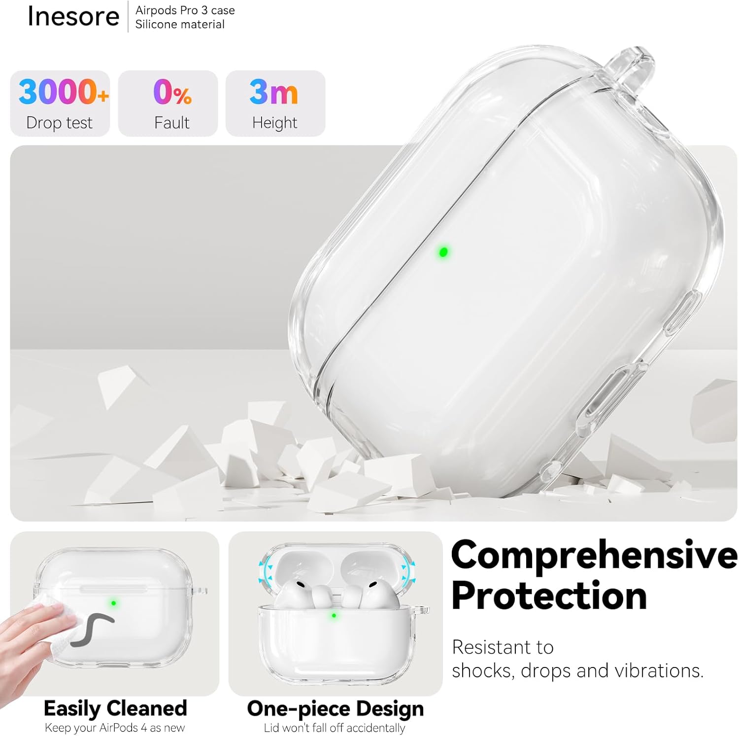 Clear TPU AirPods Pro 3 case with shockproof protection, cleaning kit
