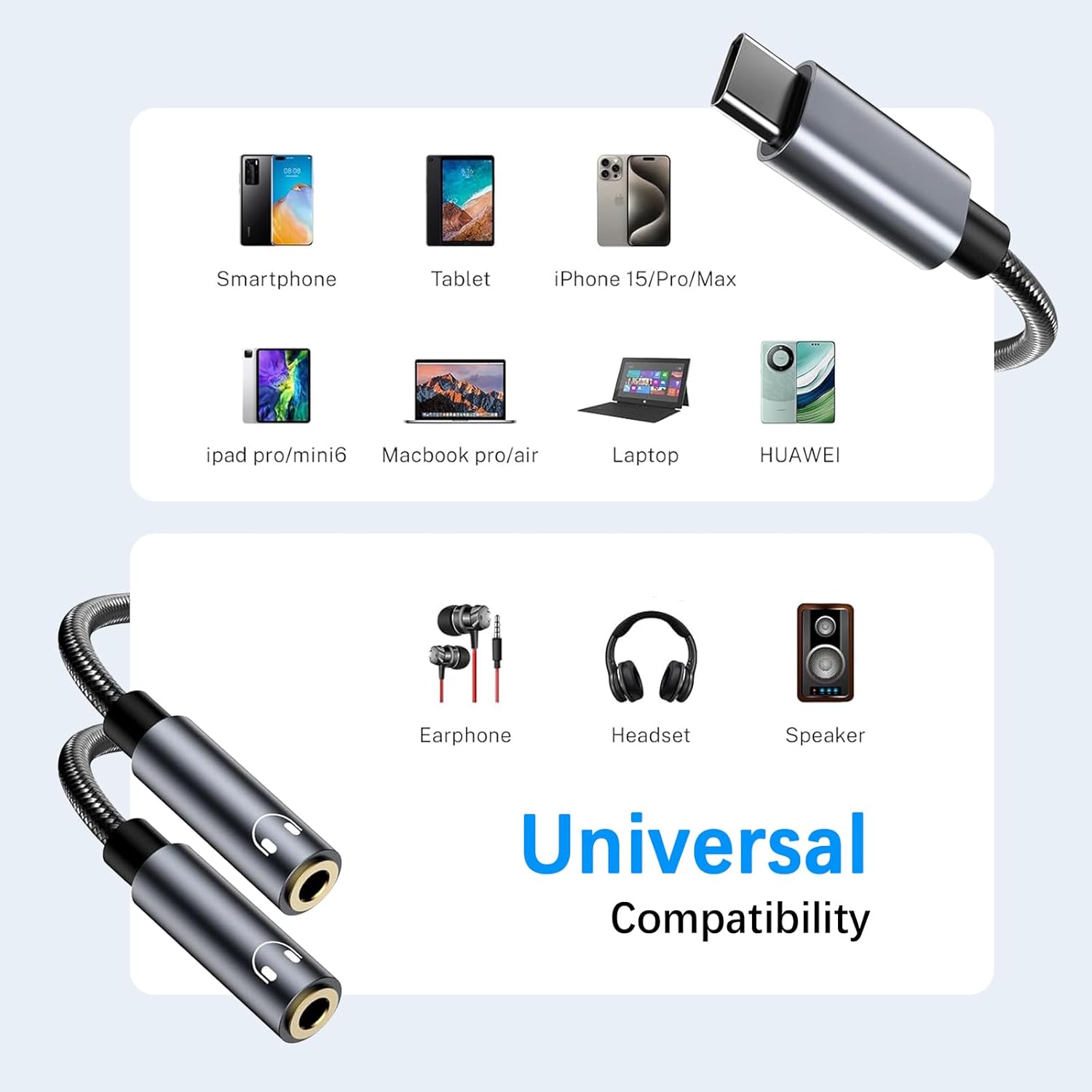 USB-C to 3.5mm Aux Audio Splitter 2-in-1 Adapter for iPhone 16 15 Galaxy Pixel