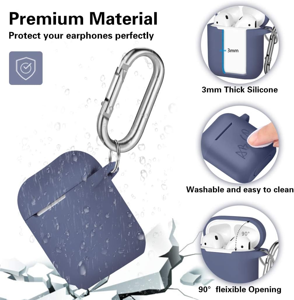 AirPods 1 & 2 Case, Silicone Shockproof Cover with Carabiner, Wireless Charging Compatible, Waterproof Protective Skin, Front LED Visible, Blue Gray
