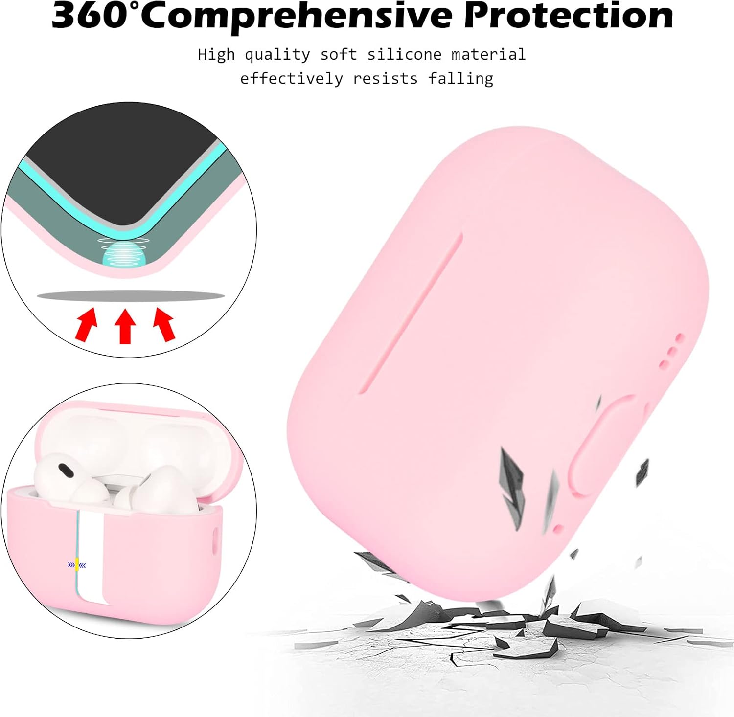 AirPods Pro 2 Case Cover, Shockproof Silicone Case with Lanyard Pink