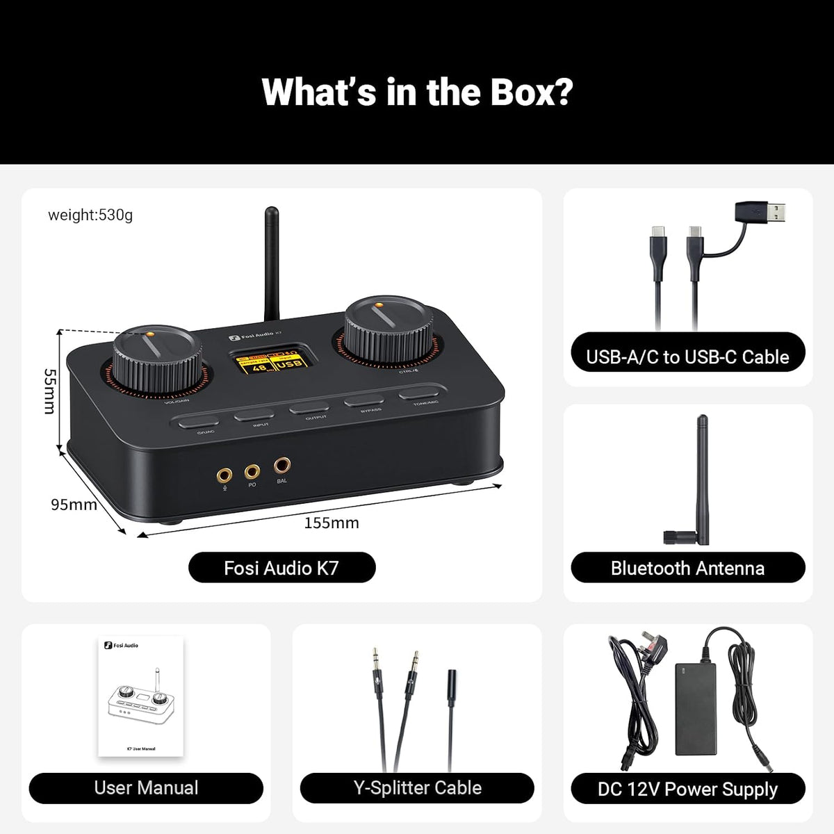 Fosi Audio K7 DAC Headphone Amp USB-C Bluetooth 4.4mm 3.5mm RCA