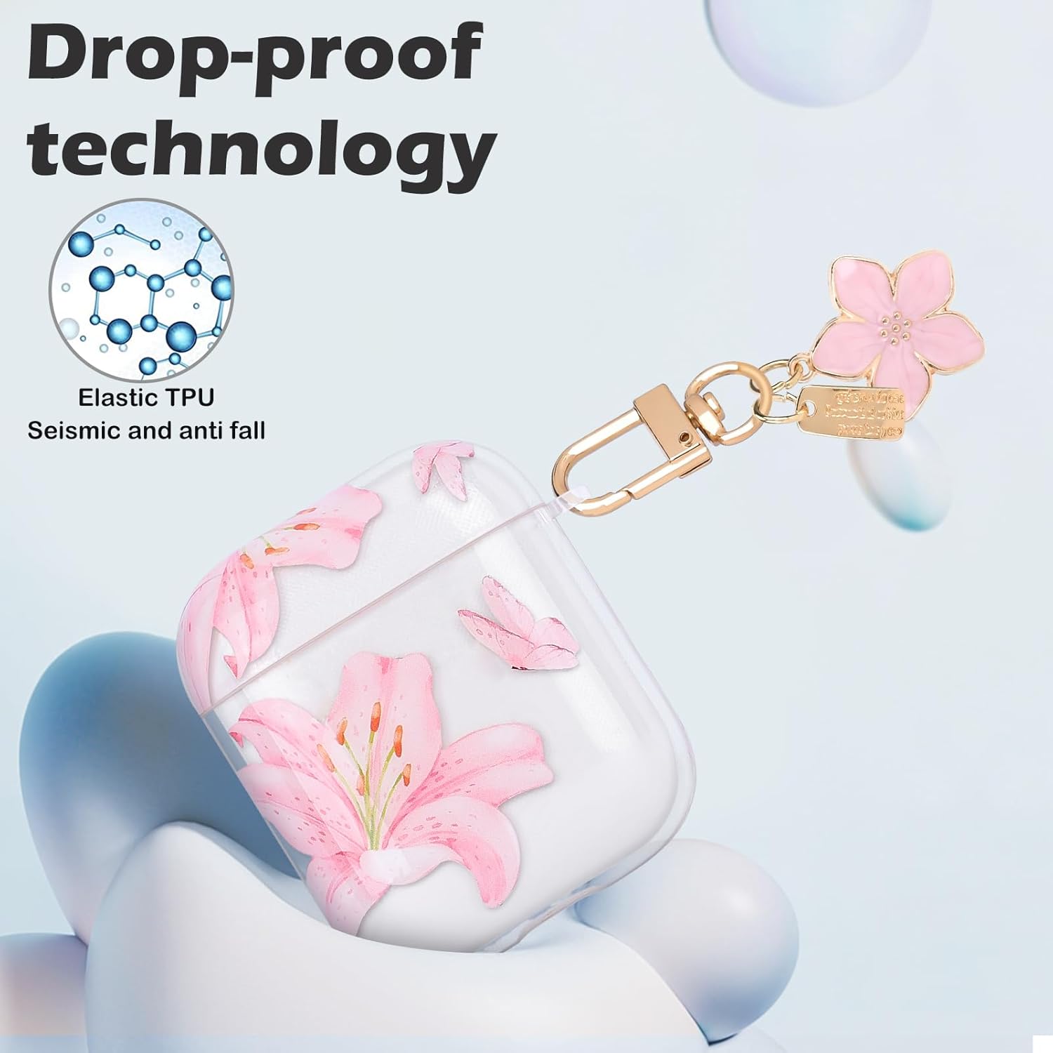 Transparent AirPods 1/2 Case with Flower Pendant, Pink Lily TPU Cover