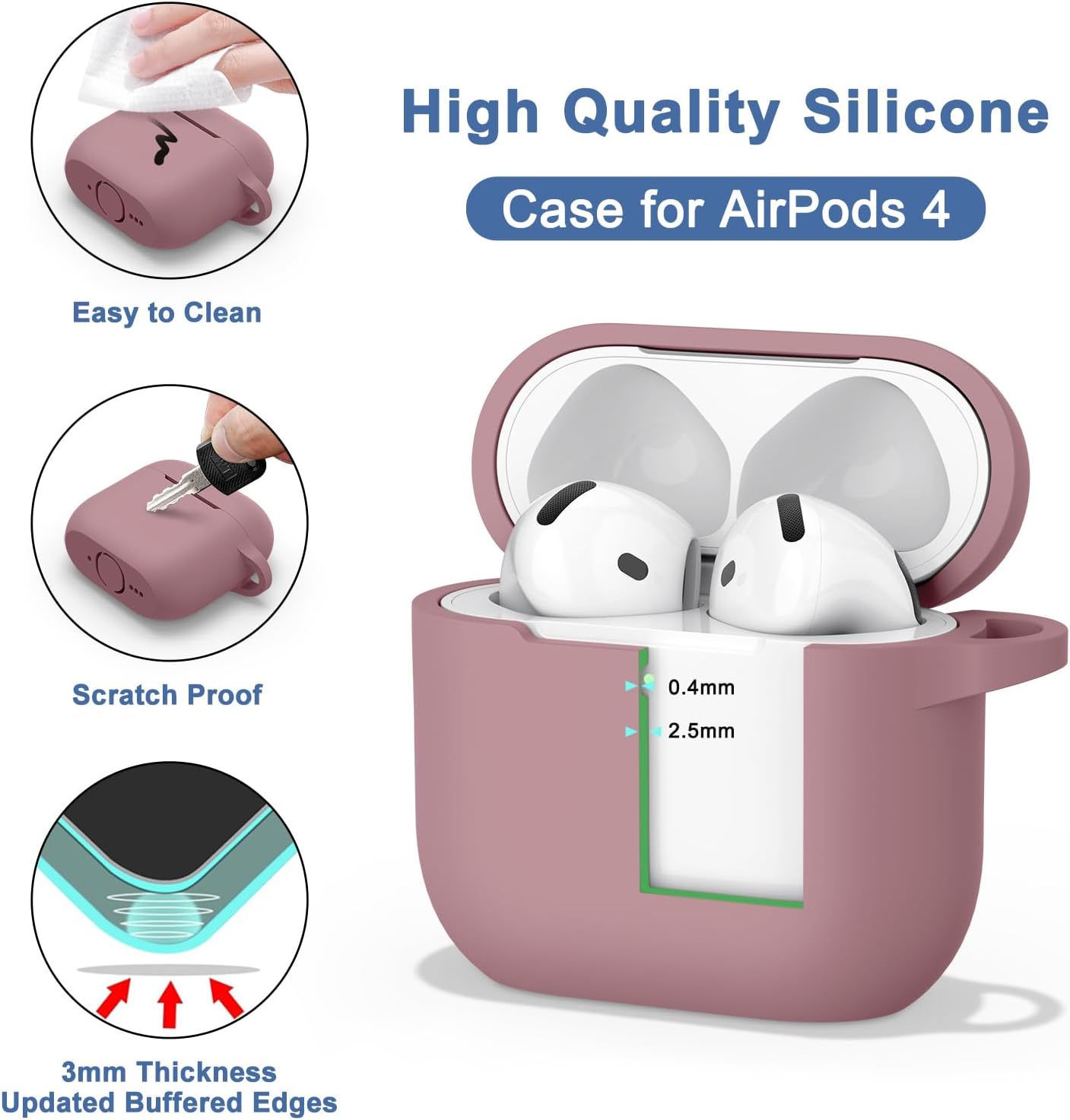 Wanme Protective Case for AirPods 4, Silicone Cover with Carabiner