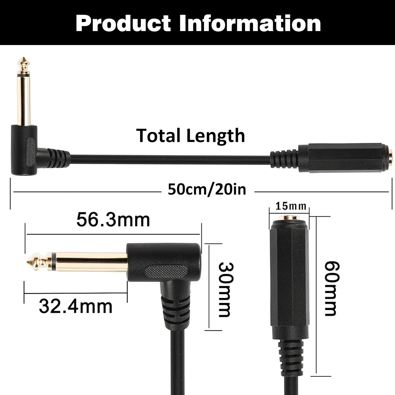1/4 Inch 6.35mm Mono Jack Male to Female Extension Cable 50cm