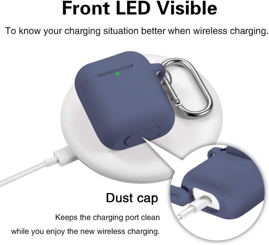 AirPods 1 & 2 Case, Silicone Shockproof Cover with Carabiner, Wireless Charging Compatible, Waterproof Protective Skin, Front LED Visible, Blue Gray