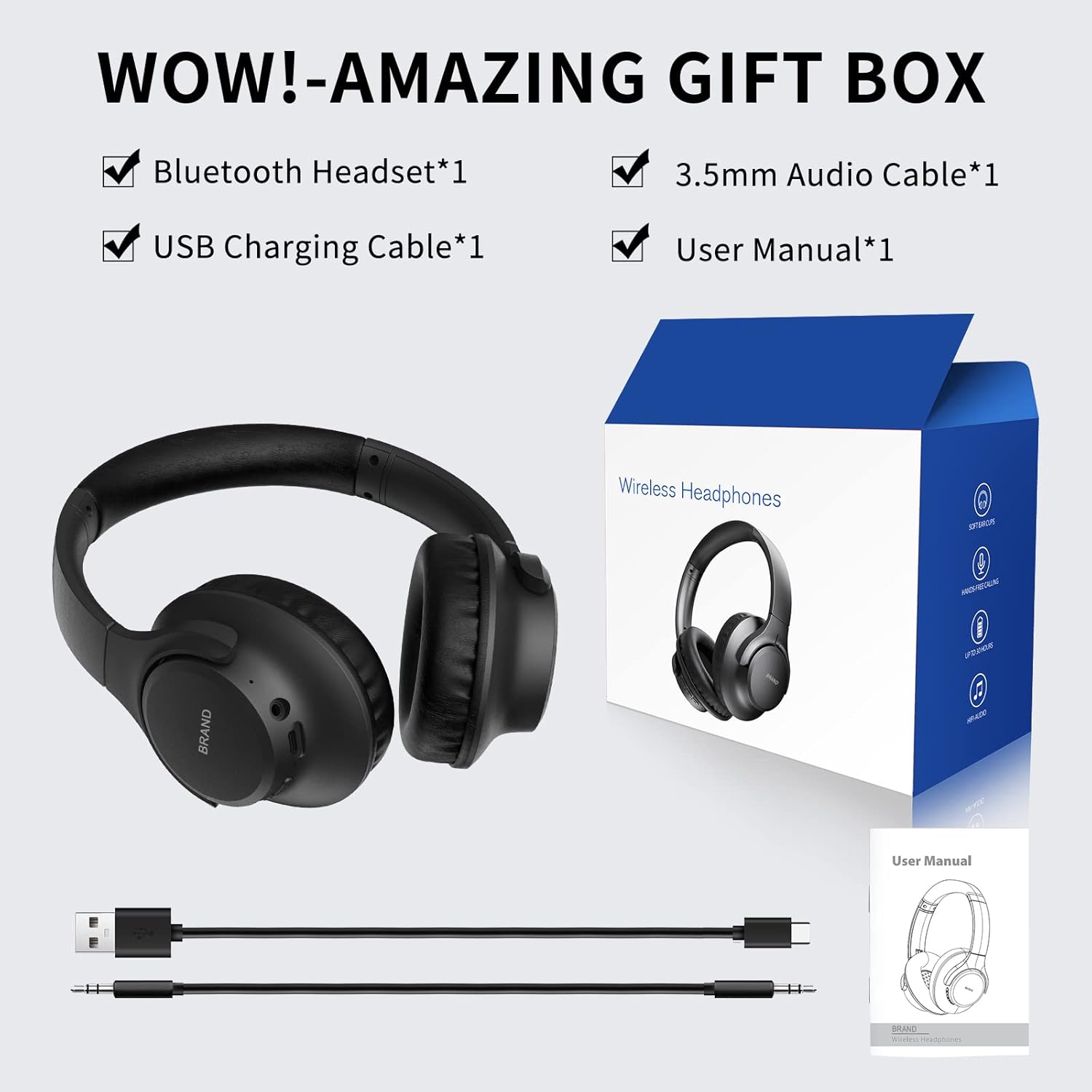 Wireless Over-Ear Bluetooth Headphones, 65H Battery, Deep Bass, HiFi Sound, Mic, Black