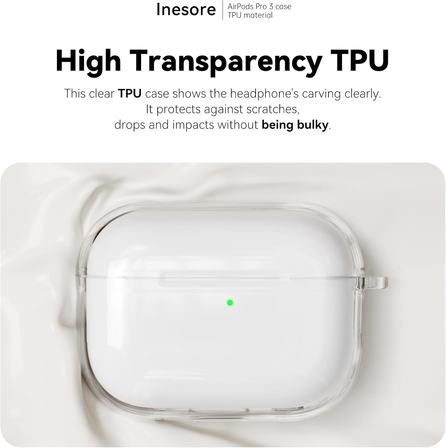 Clear TPU AirPods Pro 3 case with shockproof protection, cleaning kit