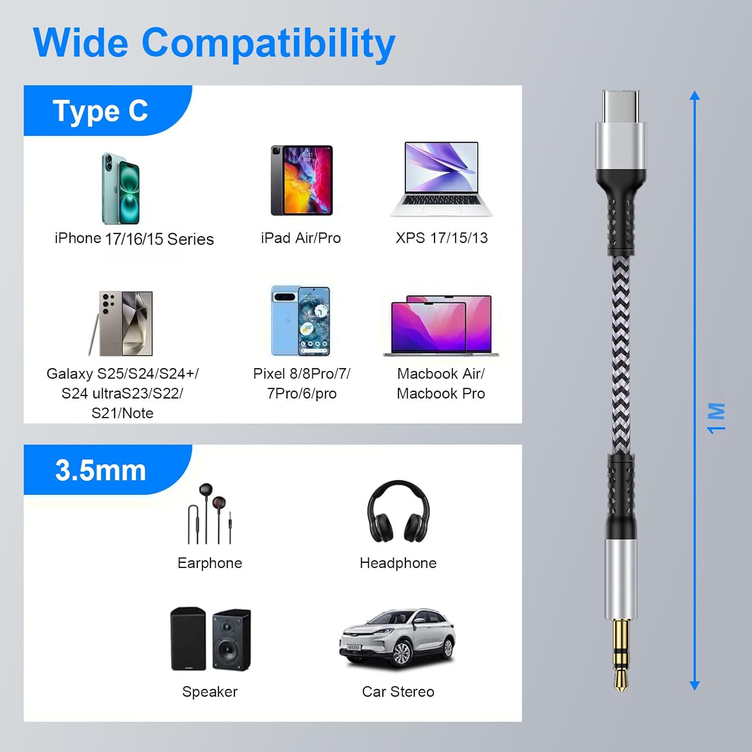 USB-C to 3.5mm Aux Cable for iPhone 17/16/15 & Samsung Car Audio