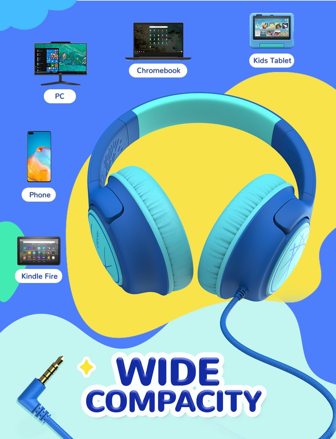 iClever Kids Wired Headphones | Safe 85dBA, Foldable, Adjustable, Blue