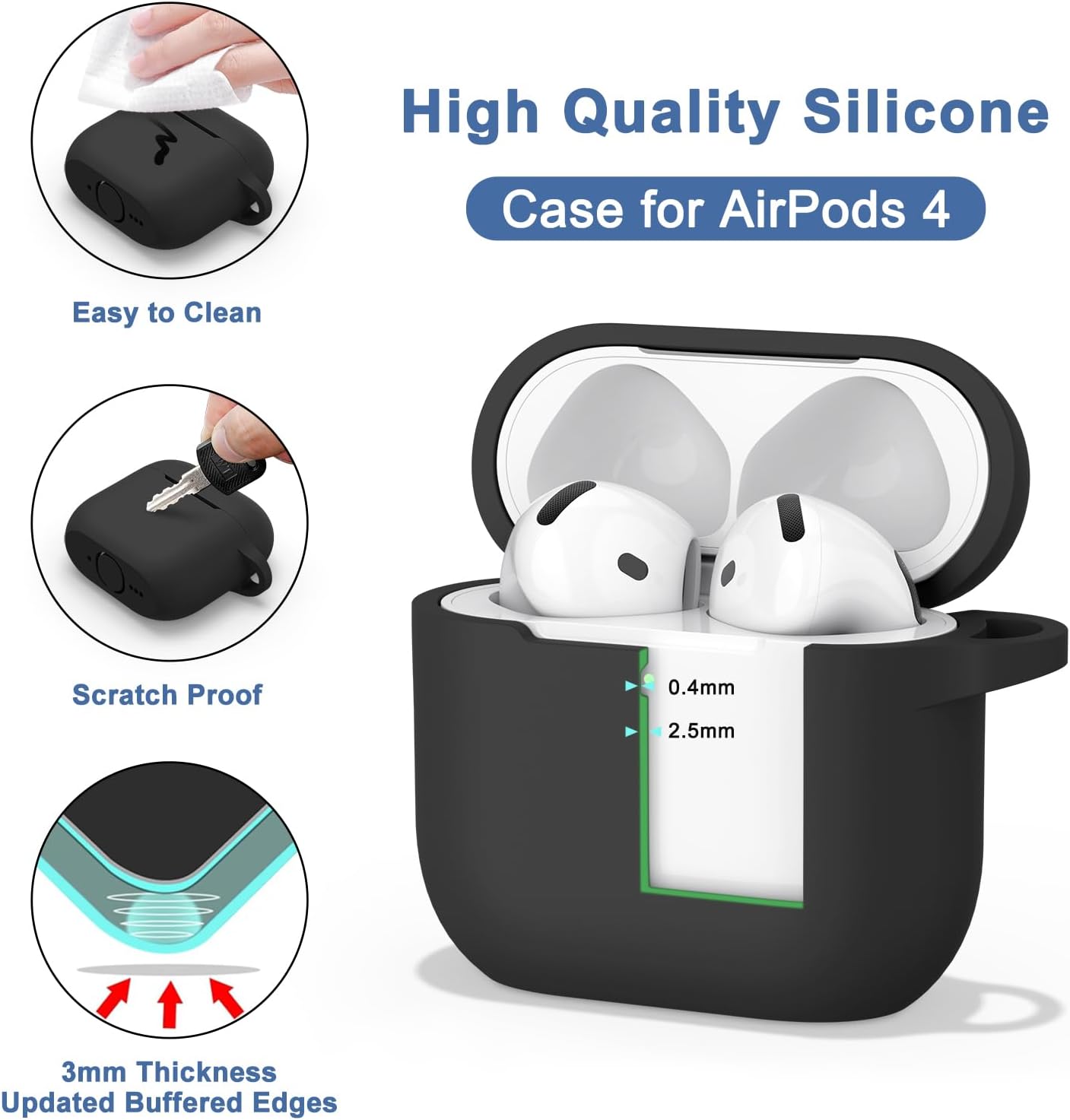 Silicone Case for AirPods 4 (2024) with Carabiner & Cleaner Pen Black