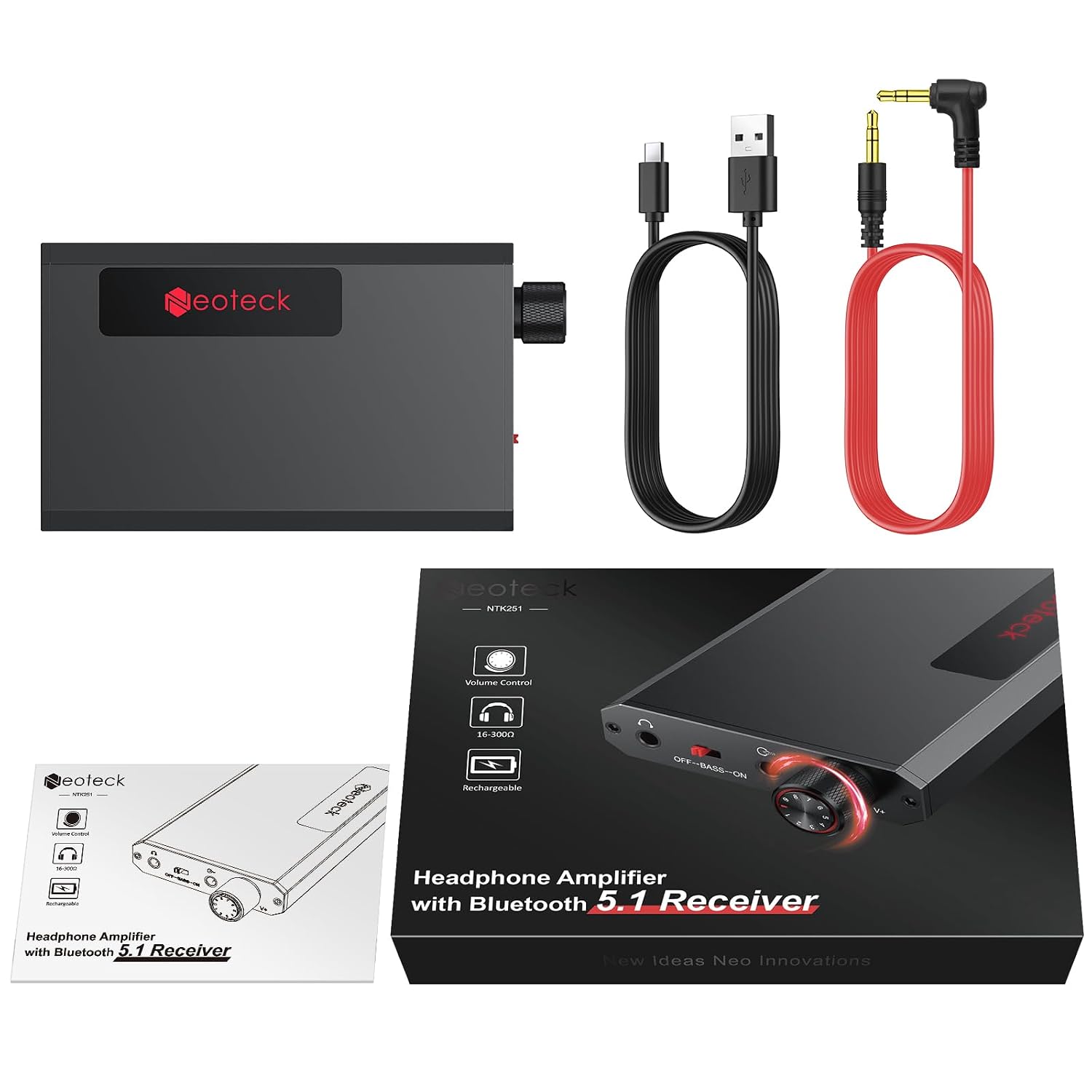 Neoteck Portable Headphone Amp Bluetooth 5.1 Bass Boost 16-300Ω