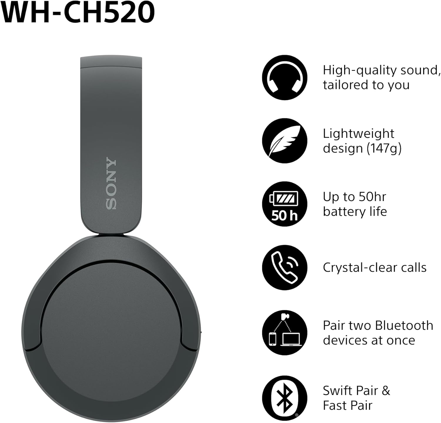 Wireless On-Ear Headphones with 50H Playtime, Custom EQ, Clear Call Quality, Black