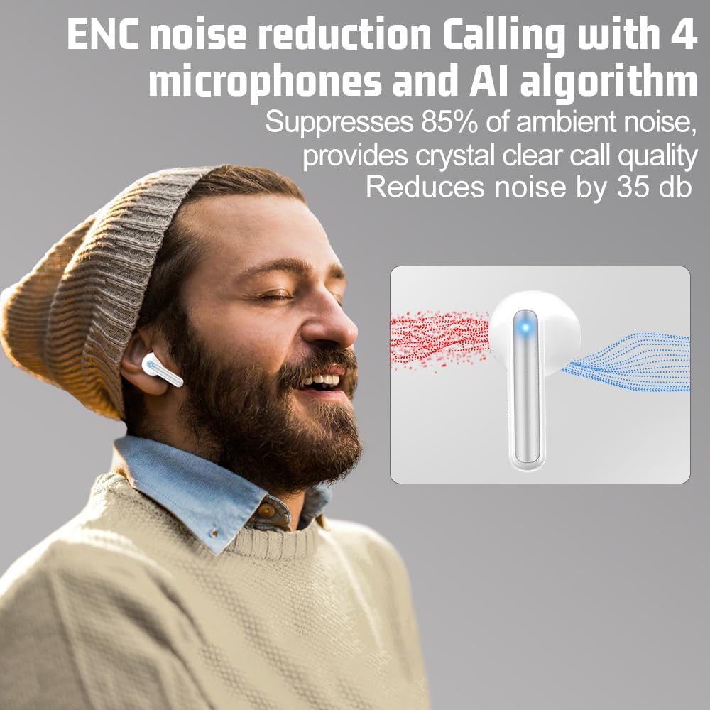 Wireless Bluetooth Earbuds 60H Playtime Deep Bass, 6 Mic Noise Cancelling, IP5 Waterproof Sports Earphones (White)