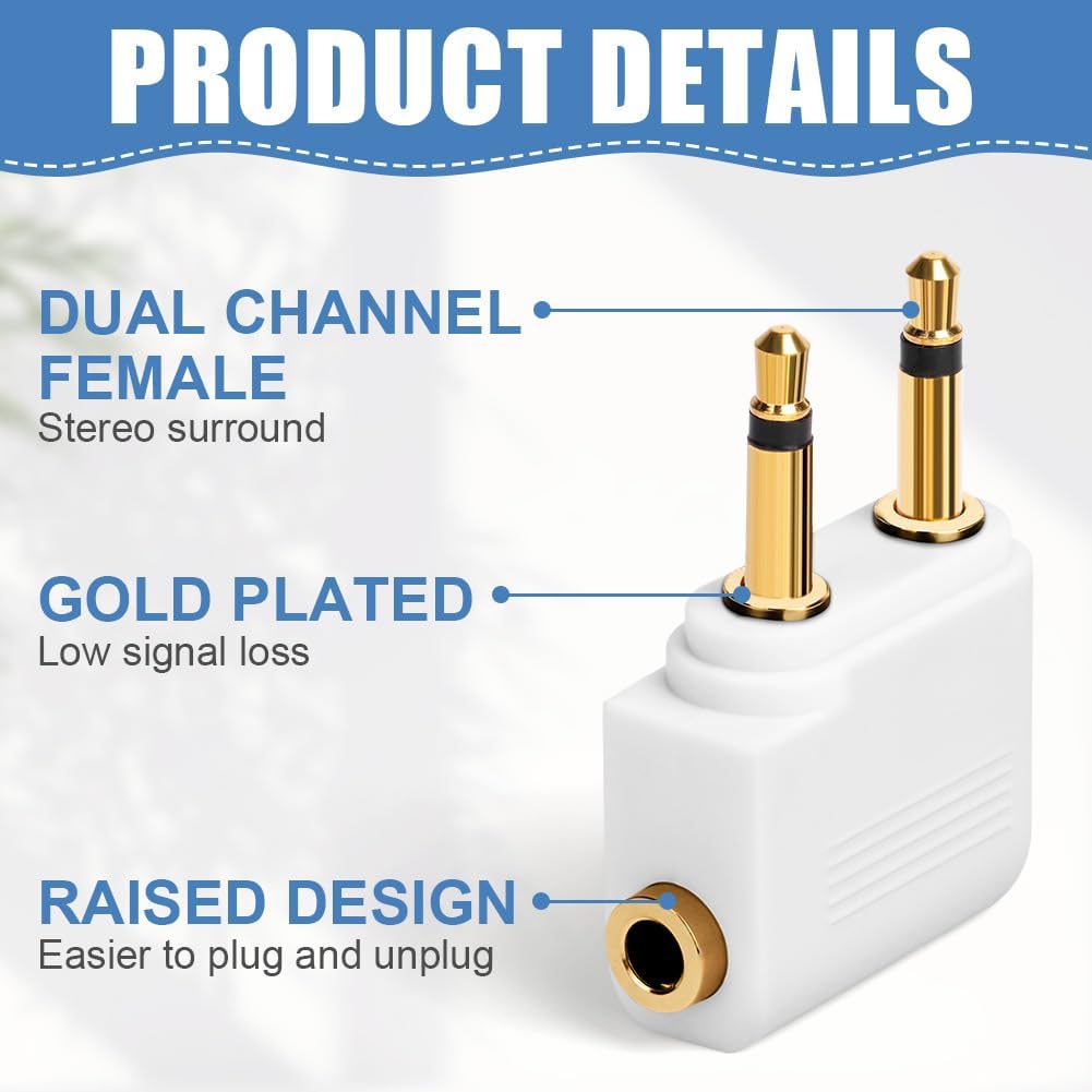 Airplane Headphone Adapter 5 Pack, Gold Plated 3.5mm Stereo Jack