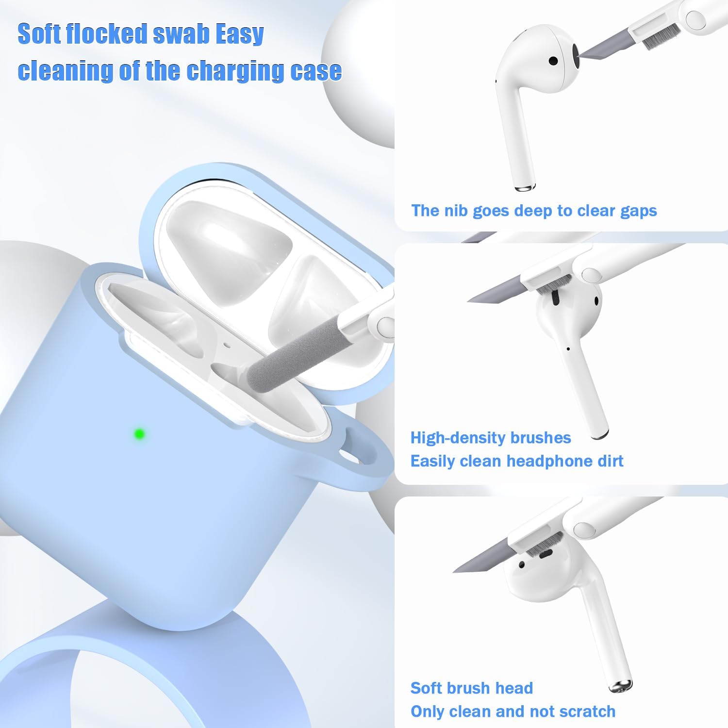 AirPods Case Cover with Cleaning Kit & Keychain, Sky Blue Silicone