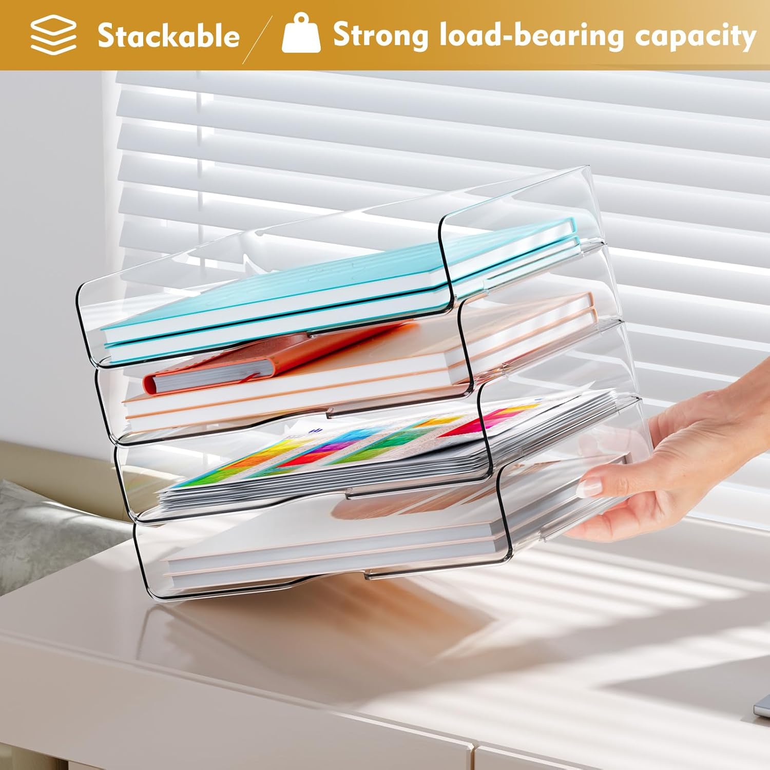 4 Pack A4 Acrylic Letter Tray Clear Stackable Document Organizer Filing Trays for Paper & Notes